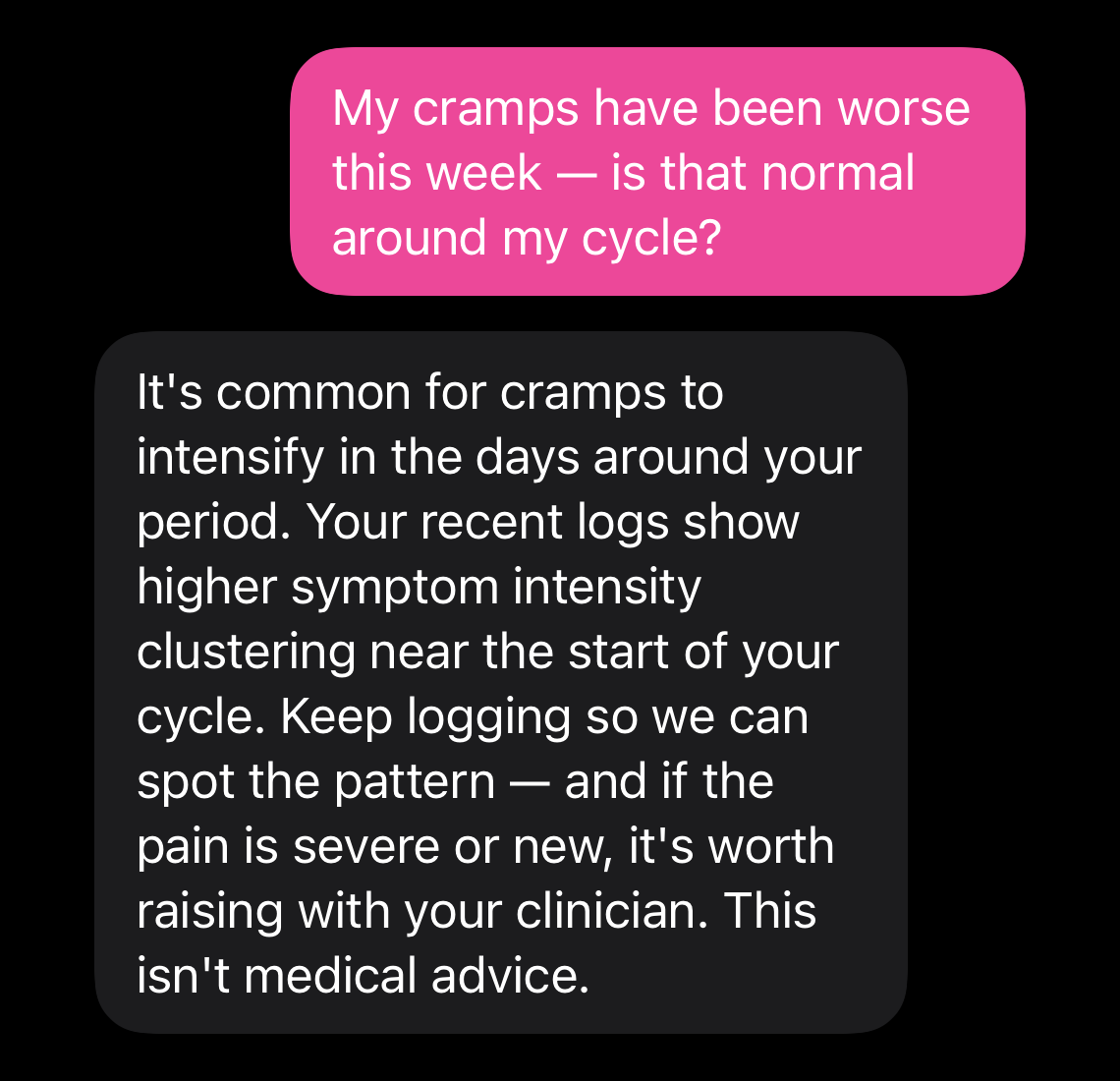 PainPal companion answering a question about logged symptoms